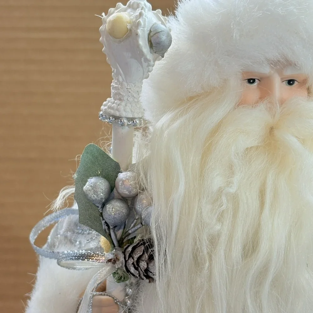 Vintage Old World Santa Tree Topper White Silver Fur Trim Holiday Decor Figurine
